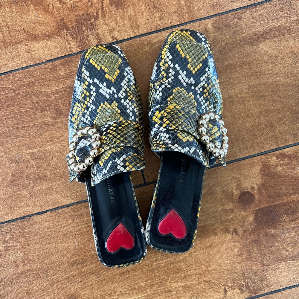 Snake Print Leather Mules with Gold Buckle Strap Size 36.5